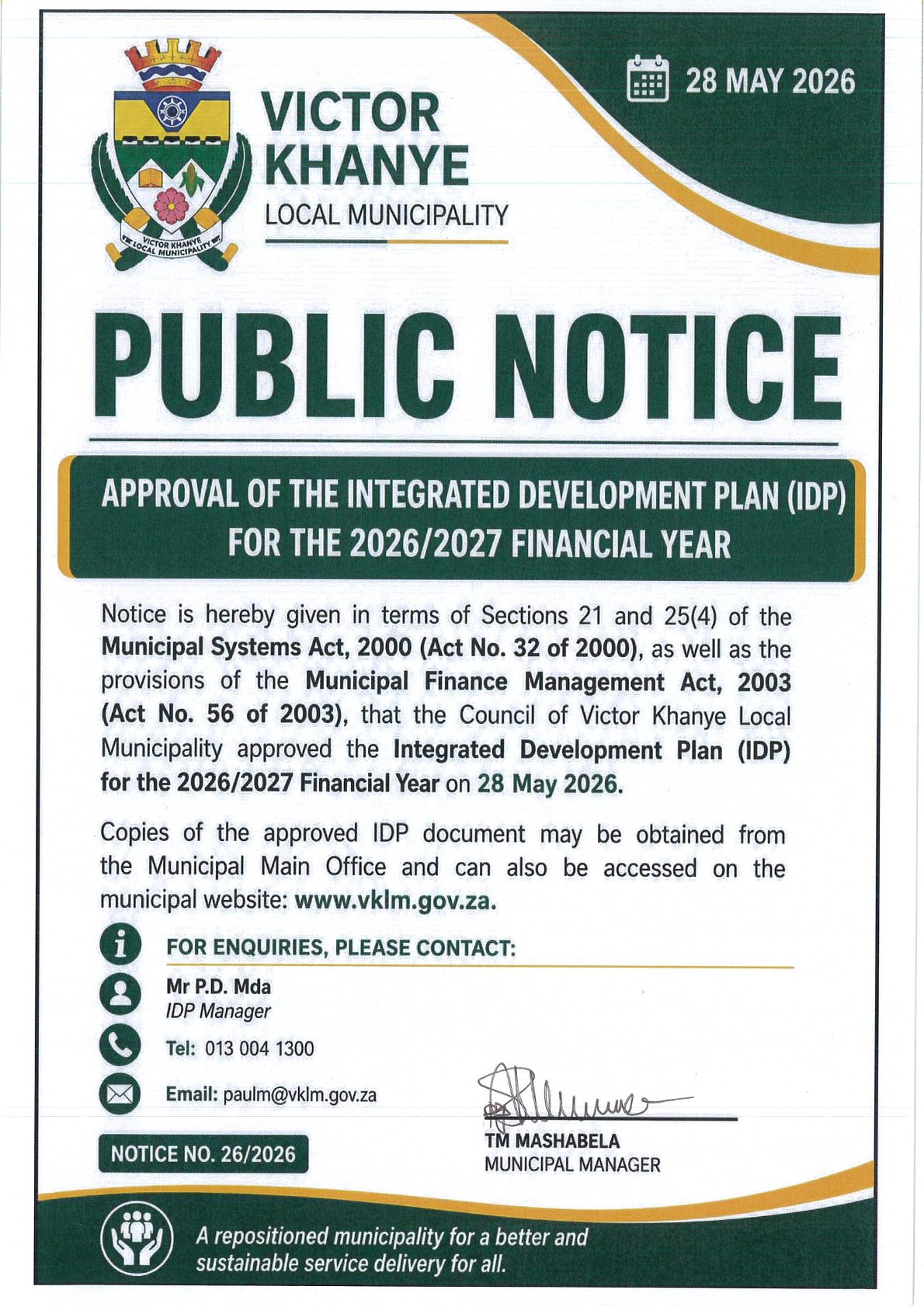 PUBLIC NOTICE FOR THE ADOPTION OF FINAL IDP 2026-2027 FY